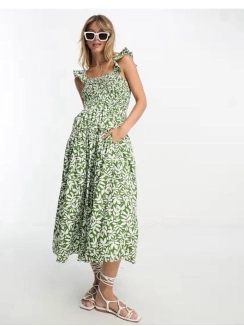 Abercrombie & Fitch Green Leaf-Print Smocked Midi Dress